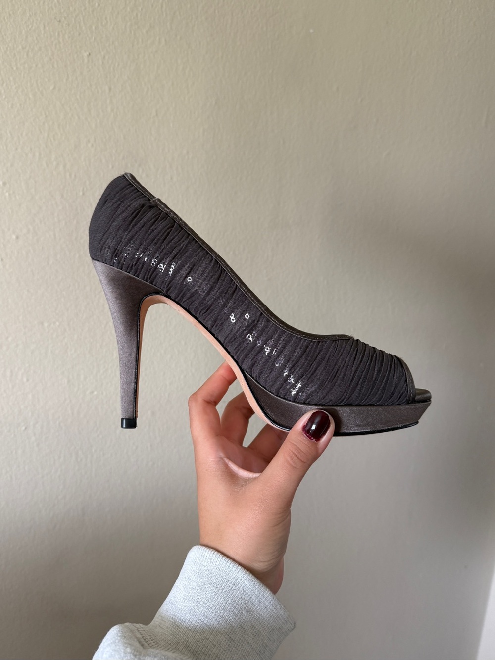 Antonio Melani Heels Peep Toe Chiffon Sequin Satin Purple Grey Stiletto Size 7.5